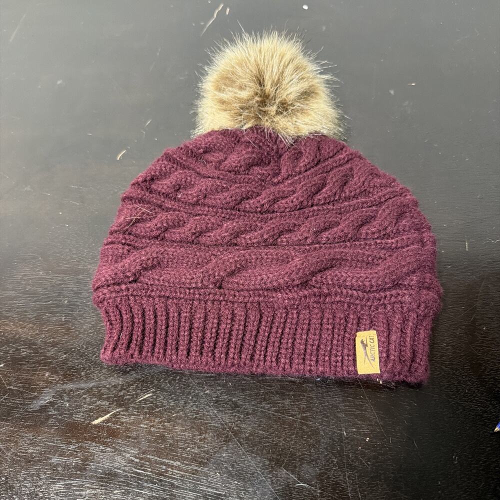 Arctic Cat Cable Knit Fur Pom Beanie - Maroon
